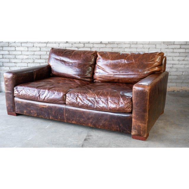 Modern Restoration Hardware Maxwell Distressed Cigar Luxe Leather Sofa For Sale - Image 3 of 12