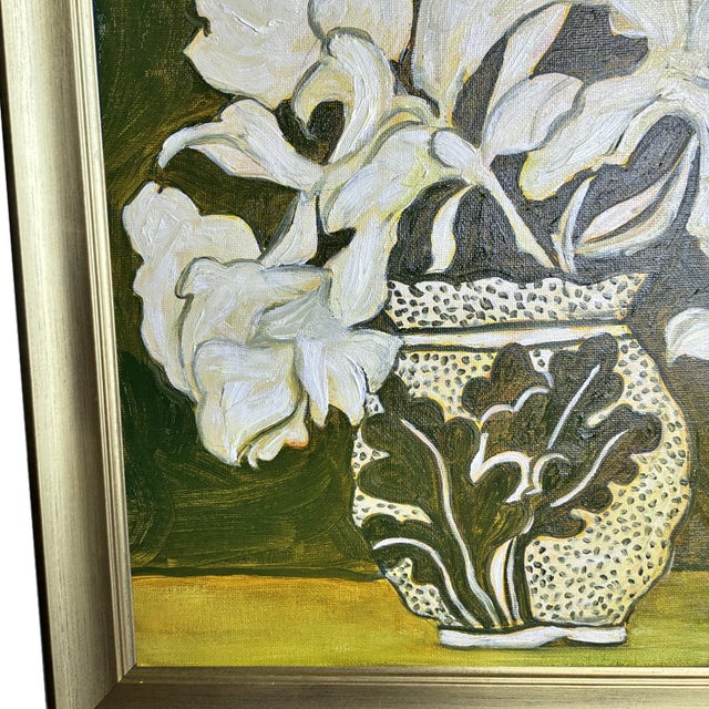 Contemporary Original Floral Still Life With Ornate Vase, Oil on Canvas in Brushed Gold Frame, 14.5" X 14.5" by Tatiana Duperault For Sale - Image 3 of 5