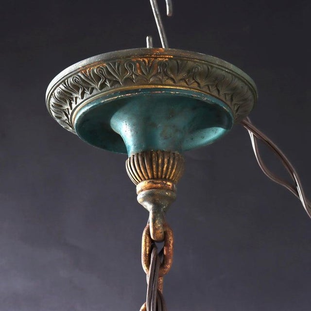 Gold Antique Classical Arts & Crafts Leaded Glass 8-Light Chandelier C1920 For Sale - Image 8 of 8