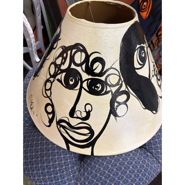 1970s Peter Keil Abstract Painting Lamp Shade depicting faces and flowers in black. Executed with oil. COA included...