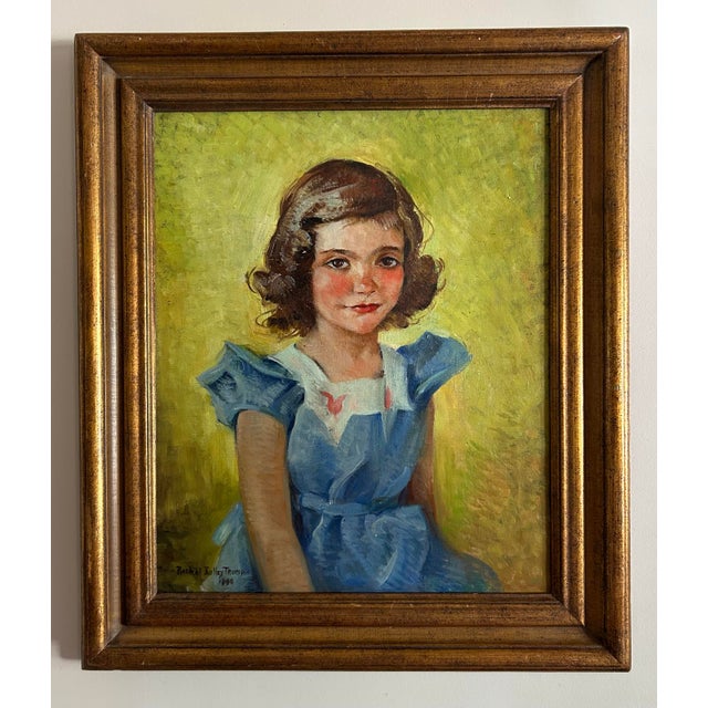 Impressionist 1940 Framed Portrait of a Young Girl in Blue Dress Signed ‘Rachel Bulley Trump’ For Sale - Image 3 of 8