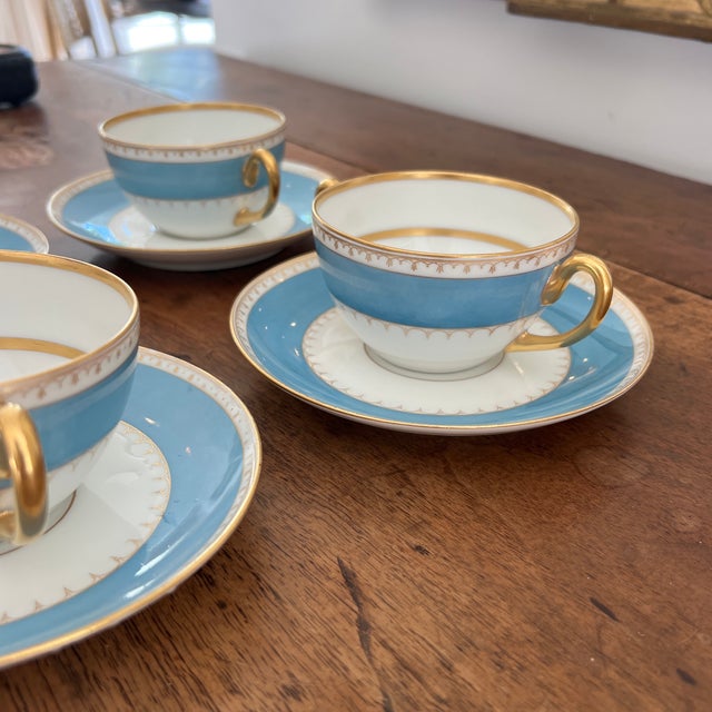 French Antique T&v (Tressemanes & Vogt) Limoges Double-Handled Bouillon/Cream Soup Cup and Saucer Set France - Set of 4 For Sale - Image 3 of 5