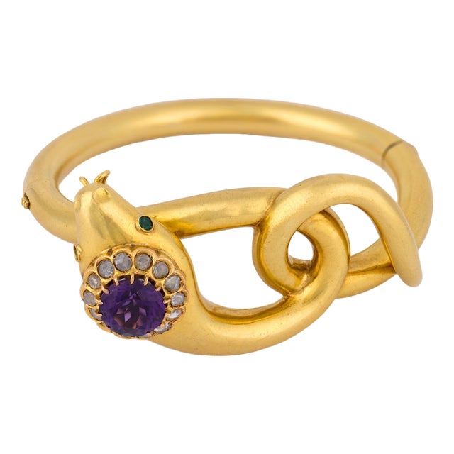1930s Art Deco Amethyst Diamond Emerald 18k Yellow Gold Snake Bangle For Sale
