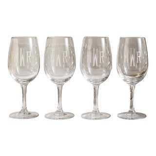 Vintage Etched MWR Monogram Stemmed Glasses - Set of 4 For Sale