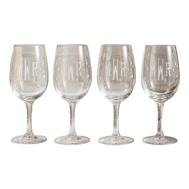 Vintage Etched MWR Monogram Stemmed Glasses - Set of 4 For Sale