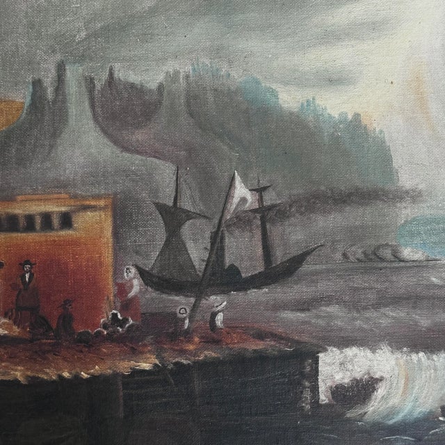 Gray Antique 19th Century Primitive Folk Art Seascape With Sailboats, Oil on Canvas For Sale - Image 8 of 9