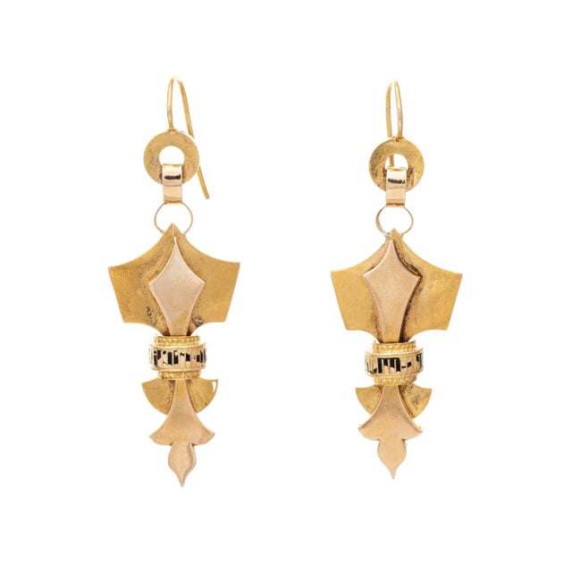 Antique Victorian Etruscan Revival Earrings Fleur de Lis 18k Gold 2.5" Drops - 2 Pieces For Sale - Image 4 of 4