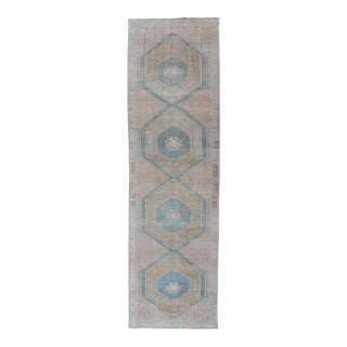 Turkish Vintage Oushak Runner With Medallions and Soft Pastel Colors 3'6 X 12'6 For Sale