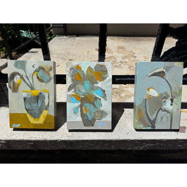 An exceptionally vibrant yet serene small-scale original painting that beautifully explores the harmony of cool and warm...