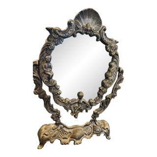 Vintage Ornate Metal Vanity Mirror With Cherub Decorative Frame 13x9" For Sale