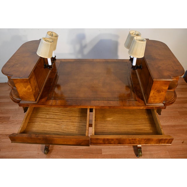 1900s Antique English Hepplewhite Burl Walnut & Leather Top Carlton Writing Desk For Sale - Image 9 of 18