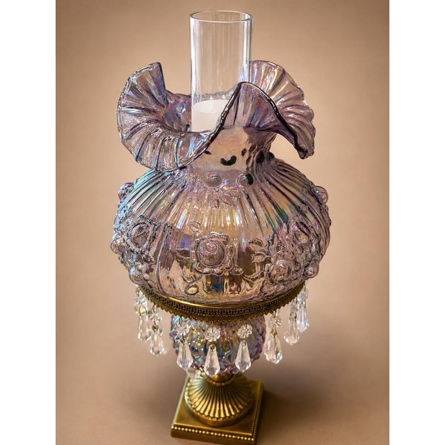 Vintage Amethyst Carnival Glass Hurricane Lamp With Brass Base & Crystal Prisms For Sale - Image 4 of 6