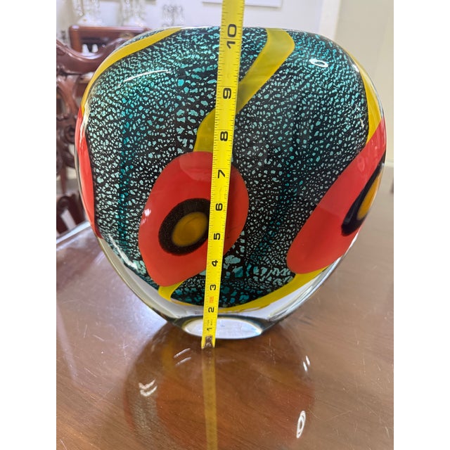 Allain Guillot French Studio Art Glass Vase, Turquoise Foil With Red Murrine and Yellow Bands, Signed m.06-50 For Sale - Image 11 of 11