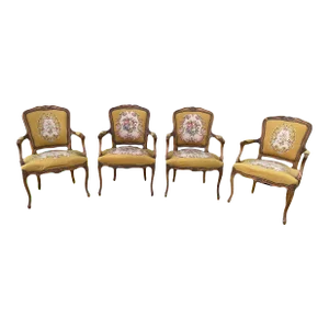 Early 20th Century French Louis XV Style Armchairs in Embroidered Floral Motif and Nailhead Accents- Set of 4