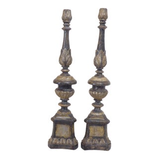 18th Century Italian Silver-Leaf Wooden Candlesticks - A Pair For Sale