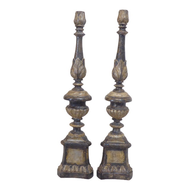 18th Century Italian Silver-Leaf Wooden Candlesticks - A Pair For Sale