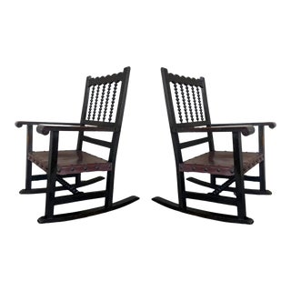 19th Century Spanish Pair of Rocking Carved Armchairs With Leather Seat & Back For Sale