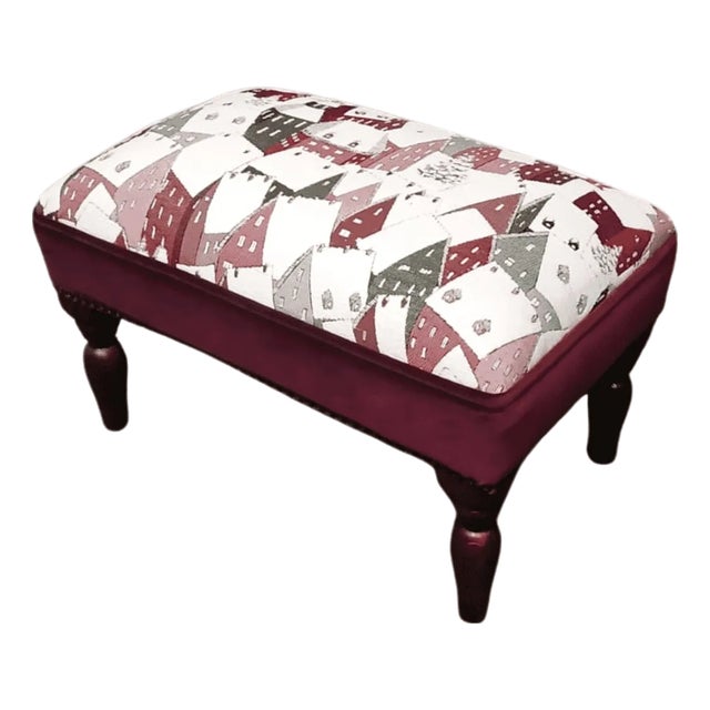 Alpine Houses Upholstered Stool With Red Velvet Sides For Sale