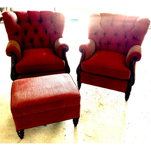 Mid-Century Modern 1980s French Napoleon III Wingback Armchairs and Ottoman For Sale - Image 3 of 12