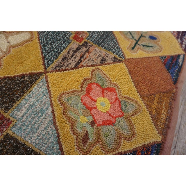 Textile Very Pretty Multi Colored Floral Tumbling Block Pattern Set on a a Light Yellow Tan Background Vintage Signed Sg and Dated 1950 American Hooked Rug For Sale - Image 7 of 15