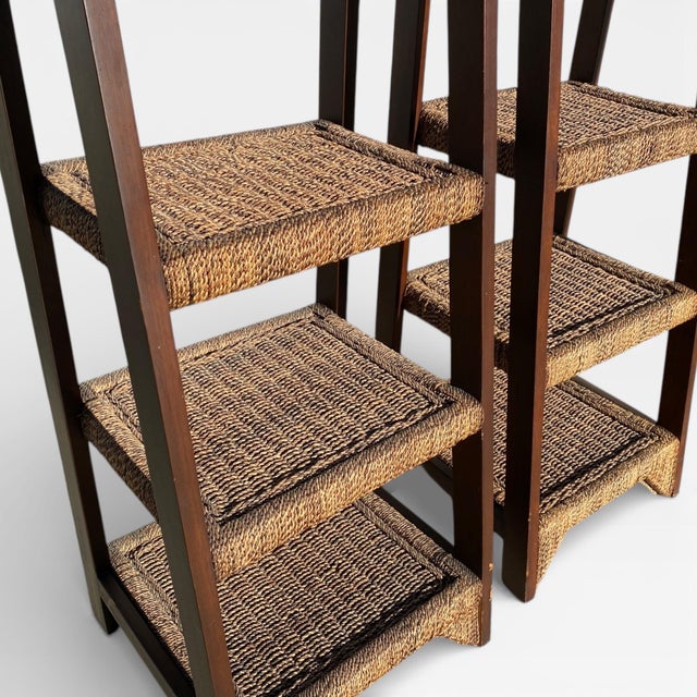 Pair of Mid-Century Wood and Woven Rush Etageres, 20th Century For Sale In Los Angeles - Image 6 of 18