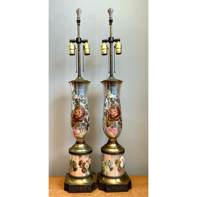 Hollywood Regency Vintage Italian Eglomise Rose Lamps - A Pair For Sale - Image 3 of 12