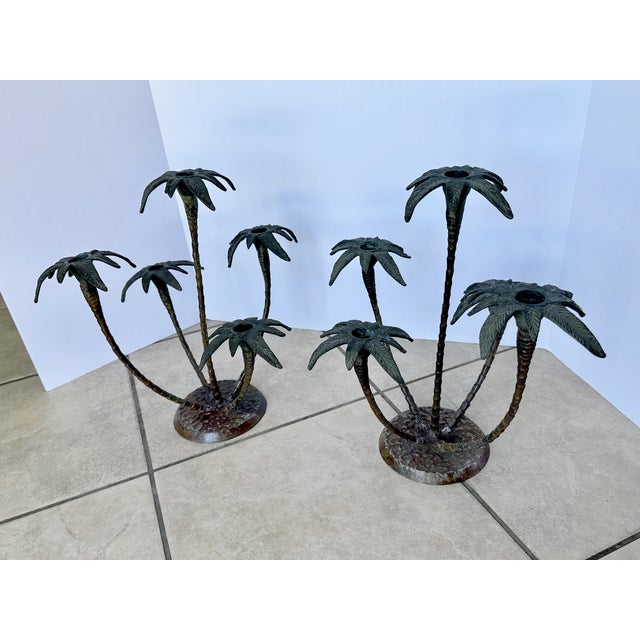 Pair Patinated Tole Metal Palm Tree 5 Arm Candlestick Holders For Sale - Image 4 of 15