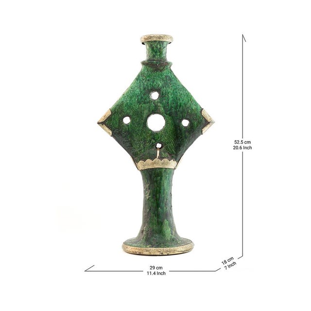 Vintage Moroccan Tamegroute Green Glazed Candle Holder With Brass Accents For Sale - Image 9 of 9