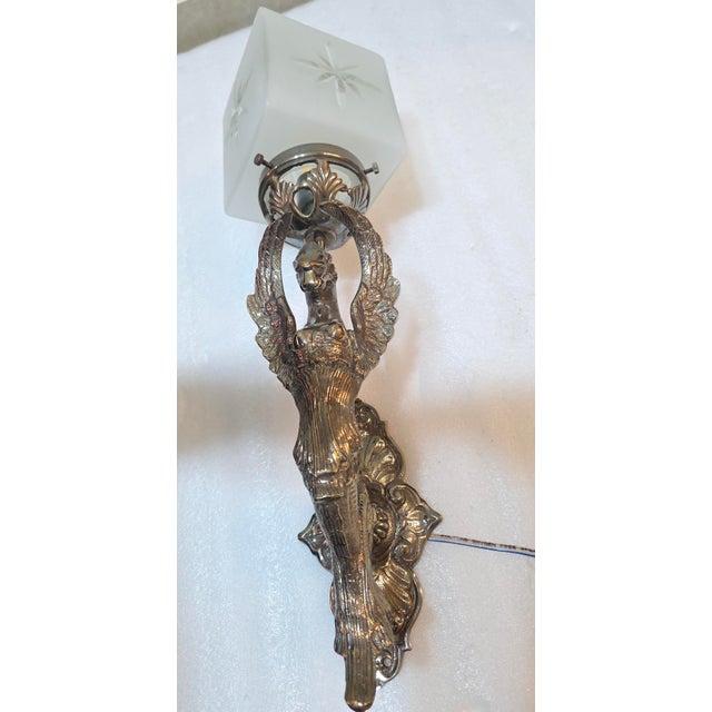 Art Deco Vintage Art Nouveau Deco Light Old Lamp Lion Mermaid Wall Sconces Fixture Brass & Star Glass Shade Light Lamp - a Pair For Sale - Image 3 of 5