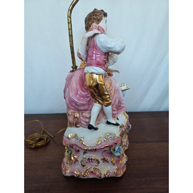 Metal 1950s Italian Azzolin Brothers Rococo Revival Porcelain Figural Table Lamp For Sale - Image 7 of 10
