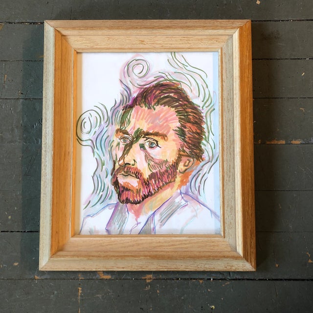 1970’s Original Colored Marker/Pencil Drawing Portrait of Van Gogh Vintage Frame For Sale - Image 4 of 4