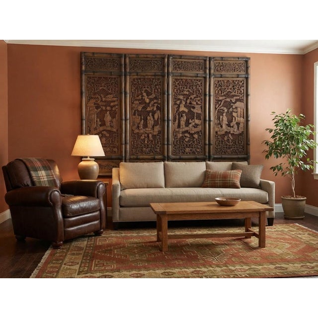 1990s Vintage Finish Openwork Figural 4 Panels Wood Floor Screen Room Divider For Sale - Image 5 of 13
