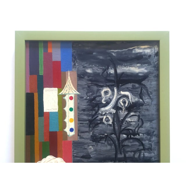 This vintage 1962 Mid Century Modernist custom framed original signed oil painting on canvas panel board is a very special...