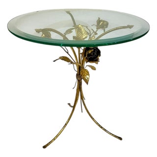 Vintage Italian Hollywood Regency Gold Tole Rose Cocktail Table With Beveled Glass Top For Sale