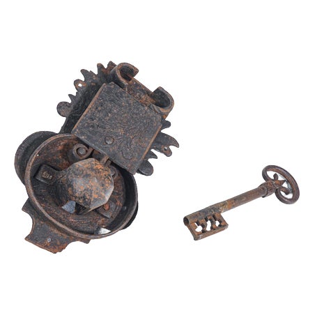 Antique Lock with Iron Key, 1800s For Sale