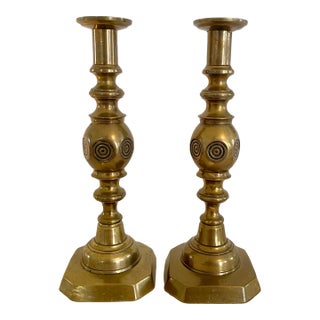 Late 19th Century Queen Victoria Good Luck Antique Brass Candlesticks, a Pair For Sale