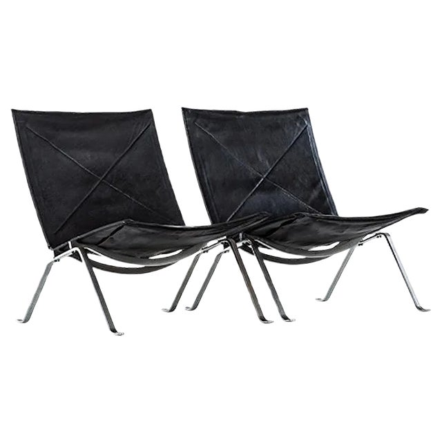 Set of Modern Danish Leather and Steel PK-22 Side Chairs by Poul Kjærholm, 1950s For Sale