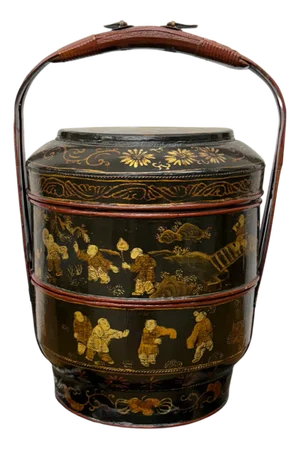 Black & Red Stacked Handpainted Wooden Basket with Handle