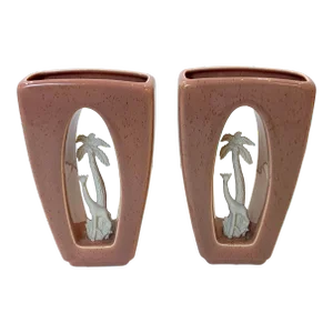 1950s Howard Pierce Pink Vases With Giraffe and Palm Tree, a Pair.