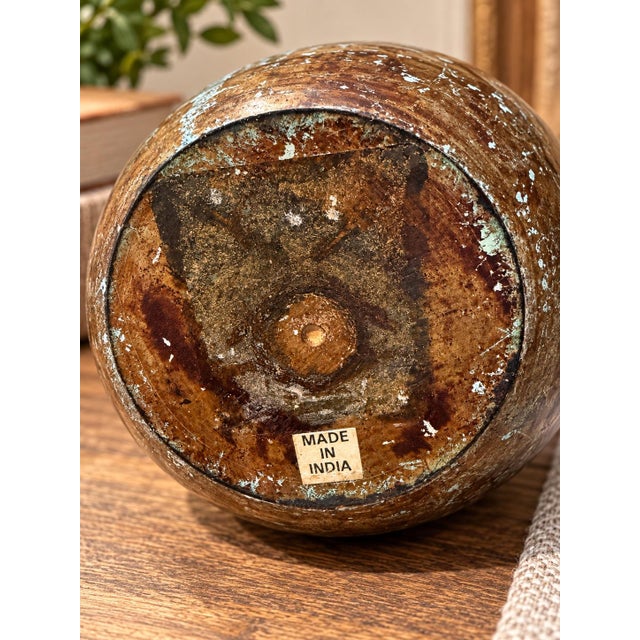 Indian Vintage Indian Bronze-Tone Metal Vessel With Hanging Bells – Patina – 11.5” For Sale - Image 3 of 3