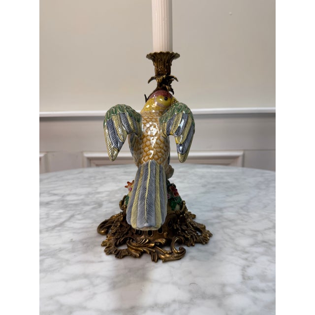 Late 20th Century Vintage French-Style Porcelain Parrot Candlestick With Ornate Brass Base For Sale - Image 5 of 7
