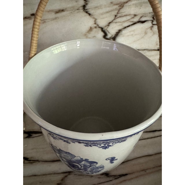 Blue & White Wicker Handle Chinoiserie Ice Bucket For Sale - Image 4 of 5