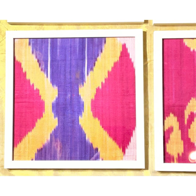 Wood Vibrant Silk Ikat Framed Collection – Bohemian Luxury Textile Art (Set of 4) For Sale - Image 7 of 15