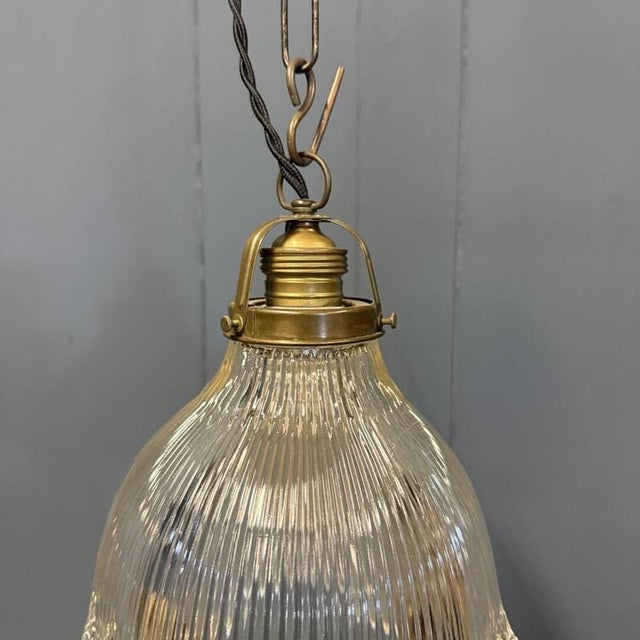 Small Pressed Glass Pendant Lamp with Brass Fixture from Holophane, 1930s For Sale - Image 10 of 17