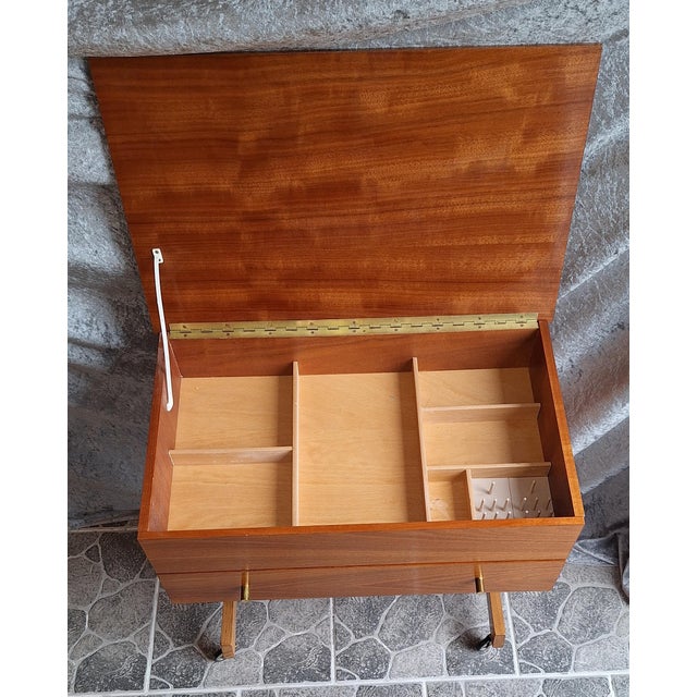 1960s Vintage German Sewing Table on Wheels in Walnut, 1960s For Sale - Image 5 of 11