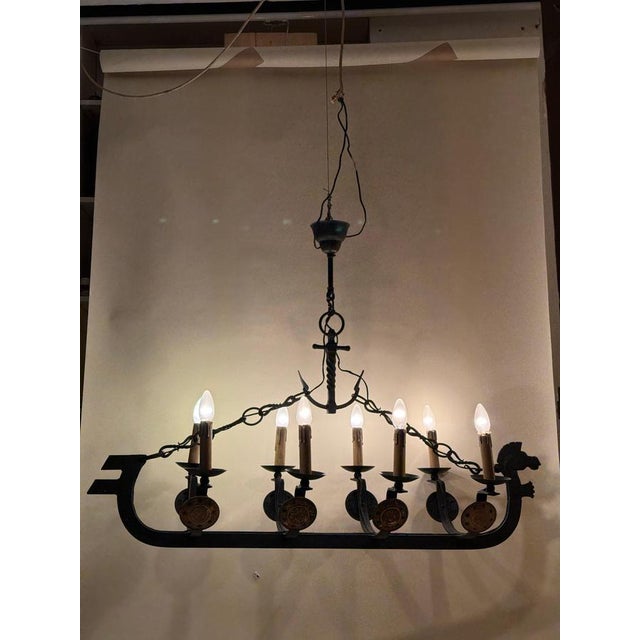 Art Deco Cast Iron Viking Longboat Chandelier, 1940s For Sale - Image 16 of 18