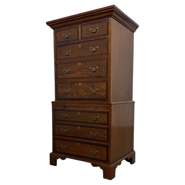 Wood Antique English Oak Chest-on-Chest Tallboy with Brass Handles For Sale - Image 7 of 14