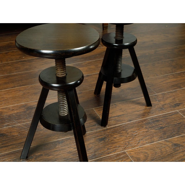 Wood Pair of 1920s American Adjustable Artist's Stools with Black Finish For Sale - Image 7 of 8