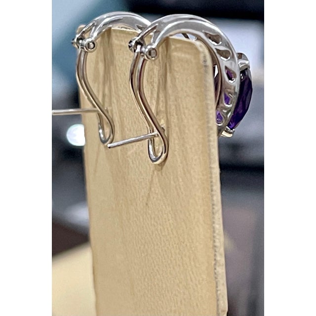 6 Carat Amethyst and Diamond 14 Karat White Gold Earrings, Omega Back For Sale - Image 17 of 18