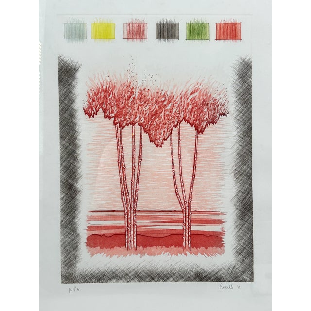 "Trees" Silk Screen Signed "Ronello '81" on the lower right hand side. Vibrant red trees in front of a deep red landscape....